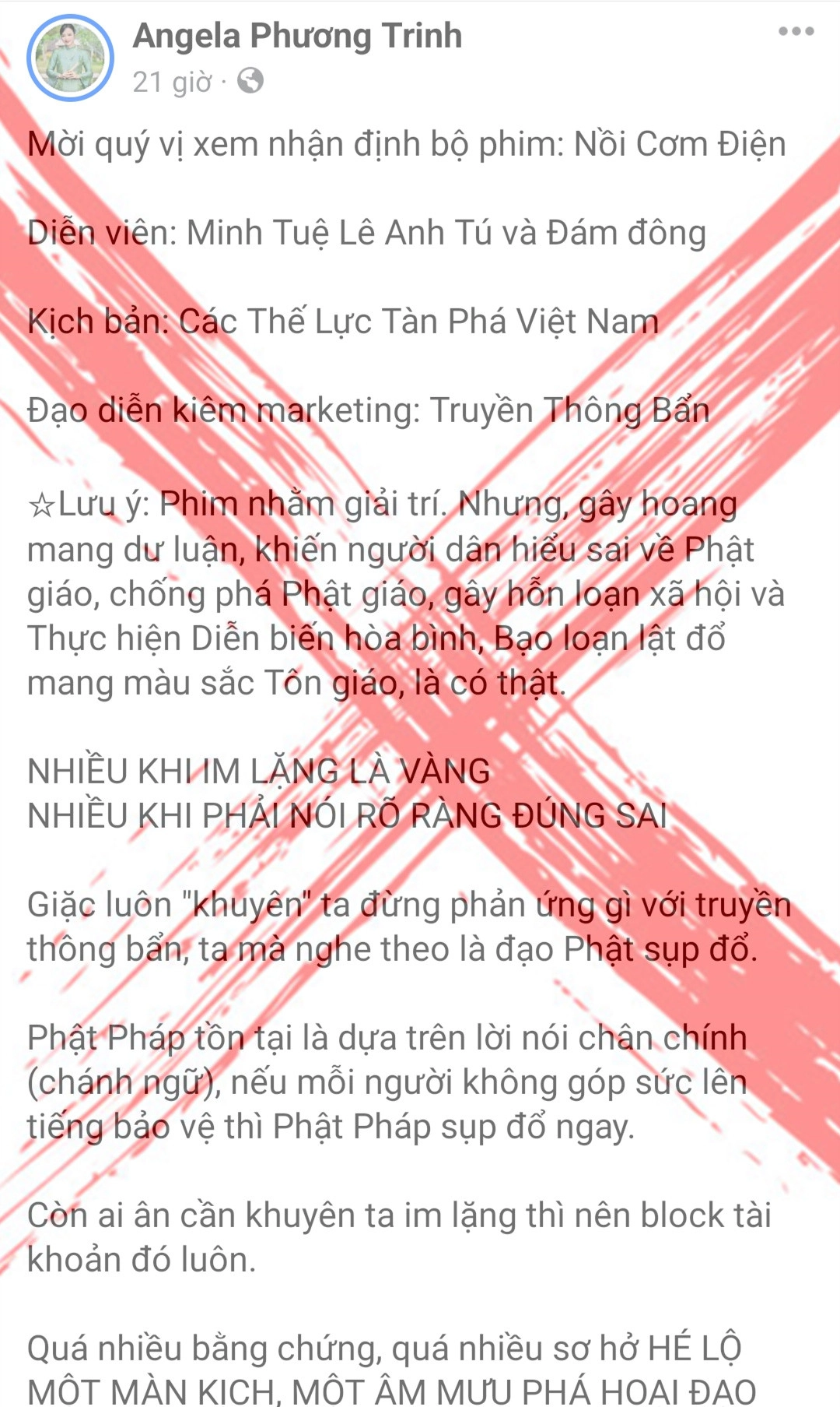 Một bài viết gây tranh cãi, có dấu hiệu vi phạm pháp luật của Angela Phương Trinh. Ảnh: FBNV