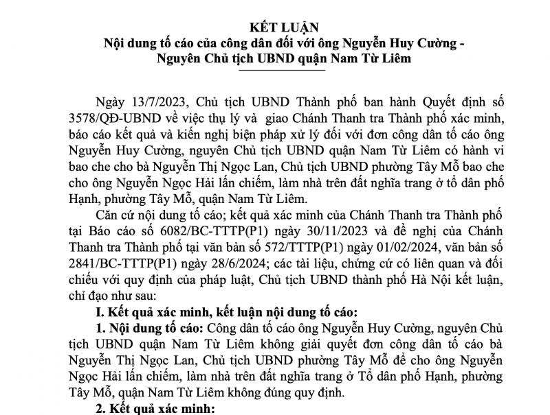 Kết luận Nội dung tố cáo của công dân đối với ông Nguyễn Huy Cường - Nguyên Chủ tịch UBND quận Nam Từ Liêm.