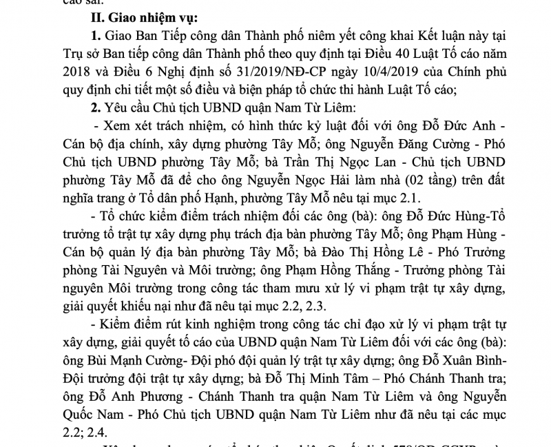 UBND thành phố Hà Nội yêu cầu kiểm điểm rút kinh nghiệm trong công tác chỉ đạo xử lý vi phạm trật tự xây dựng, giải quyết tố cáo của UBND quận Nam Từ Liêm.