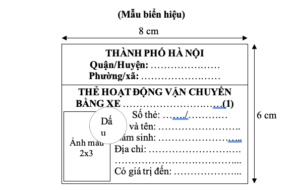 Mẫu thẻ hoạt động vận chuyển. Nguồn: UBND TP Hà Nội