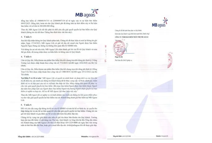 Công văn đề ngày 01/11/2023 của MB Ageas trả lời bà Nguyễn Thị Liên về việc từ chối chi trả.