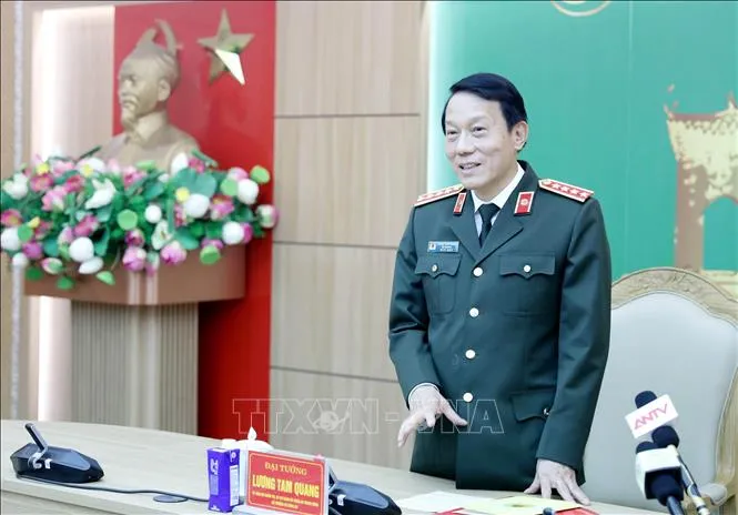 Đại tướng Lương Tam Quang, Ủy viên Bộ Chính trị, Bộ trưởng Bộ Công an phát biểu. Ảnh: Thế Duyệt/TTXVN