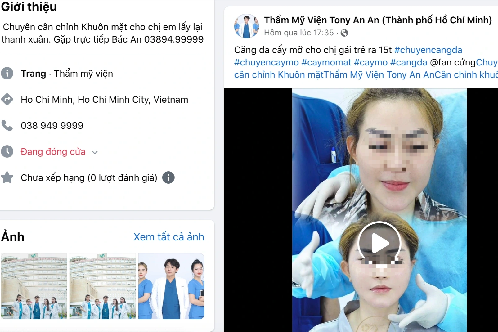 Quảng cáo trên trang "Thẩm mỹ viện ToNy An An" (Ảnh chụp màn hình).