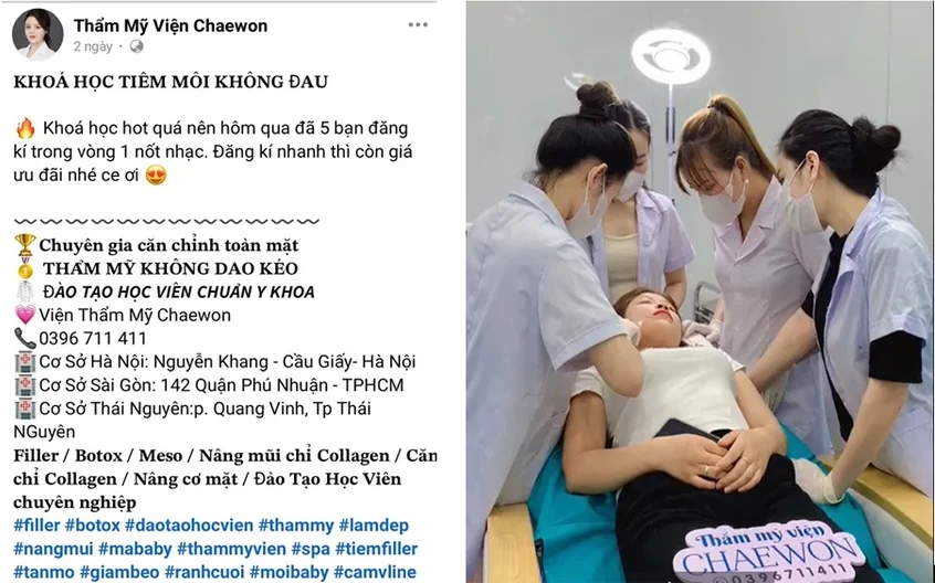 Vừa qua, Sở Y tế TP.HCM phát hiện và kiên quyết xử lý cơ sở Thẩm mỹ viện Chaewon do đã quảng cáo về việc cung ứng dịch vụ thẩm mỹ và đào tạo tiêm filler, botox không phép. Ảnh: SYT