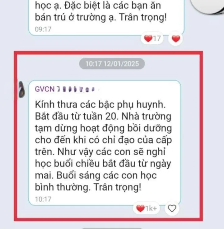 Thông báo tạm dừng các hoạt động bồi dưỡng (học thêm) của một trường THCS tại Hoài Đức, Hà Nội. 