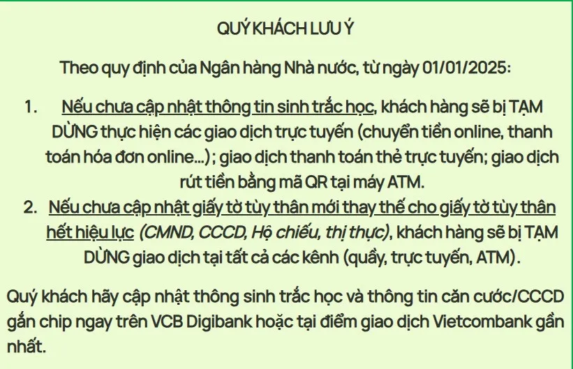 Thông báo được Vietcombank gửi đến khách hàng trong những ngày qua. 