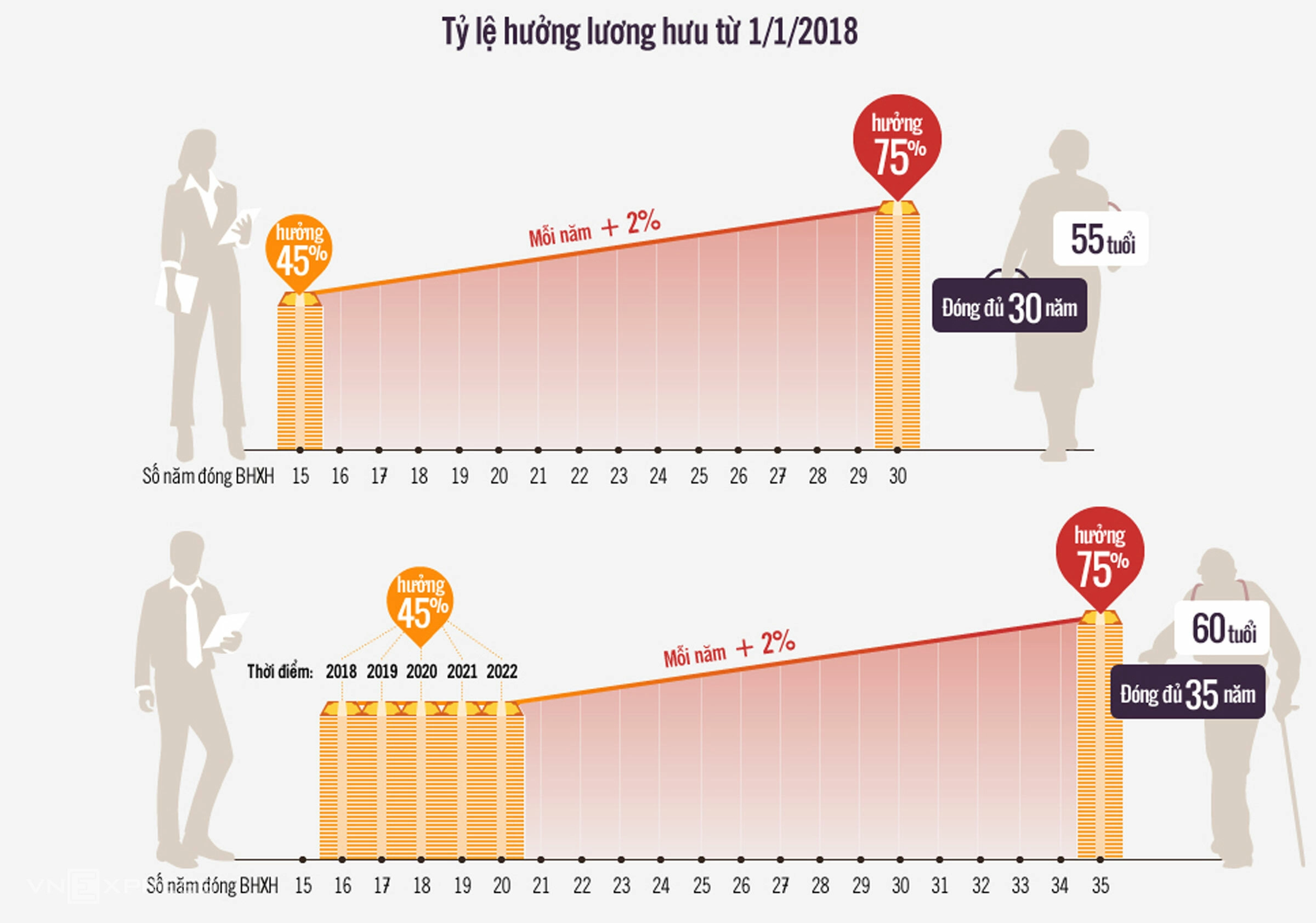 Tỷ lệ và điều kiện hưởng lương hưu của nam và nữ theo quy định hiện hành. Đồ họa: Tiến Thành