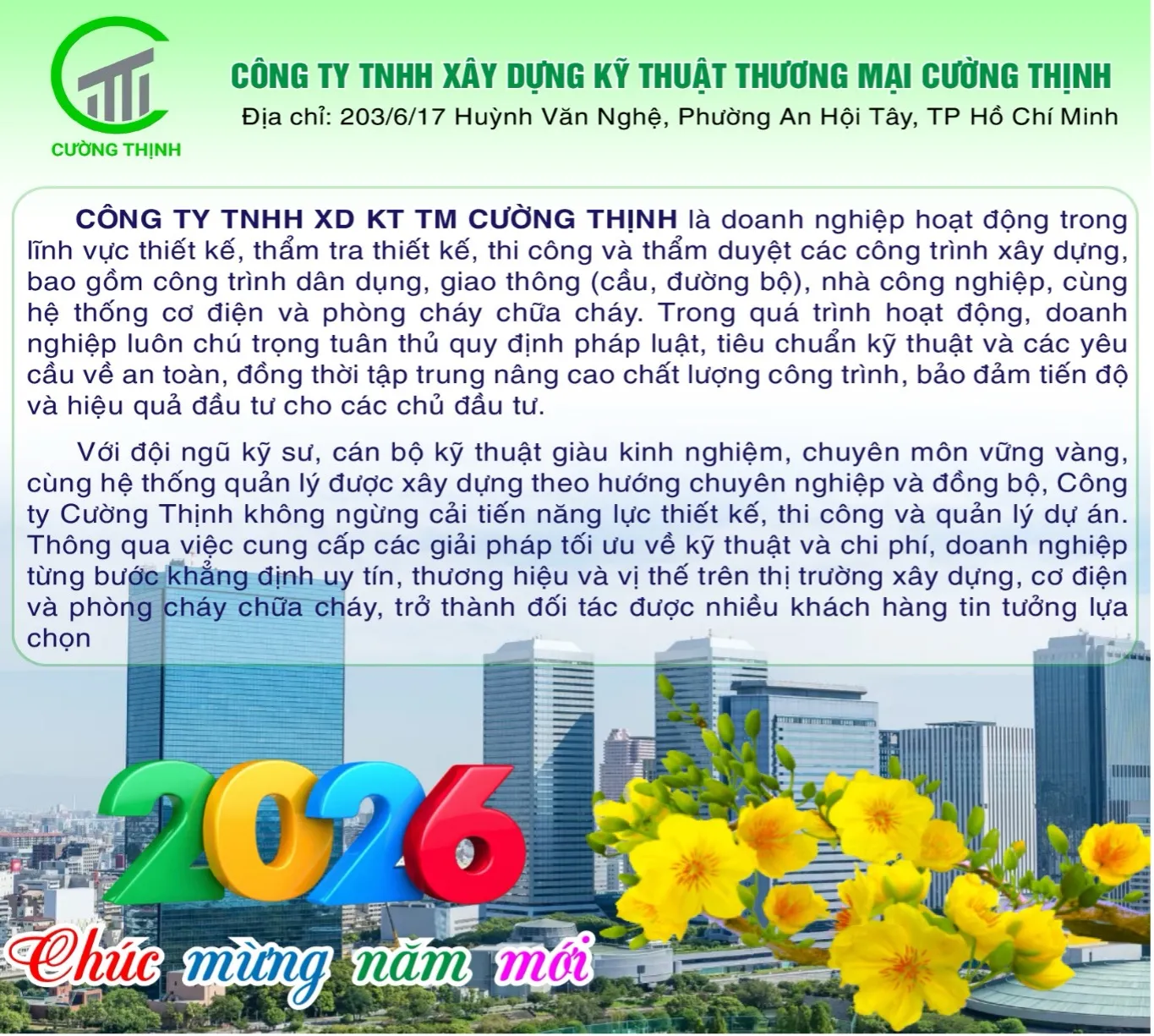 Thư cảm ơn đơn vị đồng hành: Công ty TNHH Xây dựng Kỹ thuật Thương mại Cường Thịnh