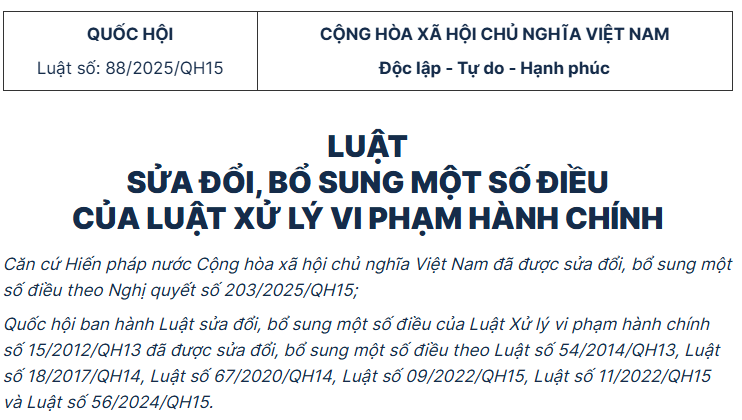 TOÀN VĂN: Luật sửa đổi, bổ sung một số điều của Luật Xử lý vi phạm hành chính