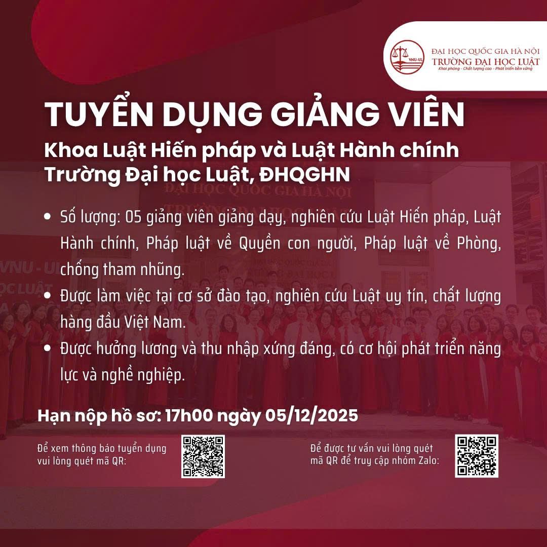 Trường Đại học Luật, ĐHQGHN tuyển dụng giảng viên Khoa Luật Hiến pháp và Luật Hành chính